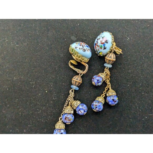 Vtg Beaded Faux Art Glass Rhinestone Dangle Drop Earrings By Kramer Of NY 3" HTF - Picture 2 of 16